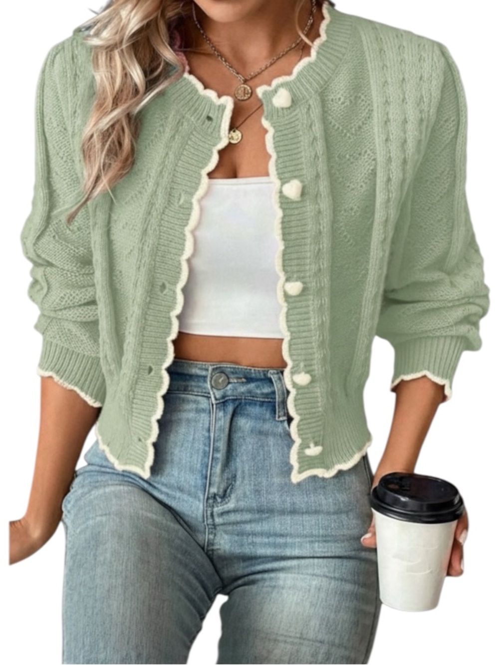 SHEIN Light Sage Cable-Knit Cropped Cardigan with Heart Buttons. Women’s Size L